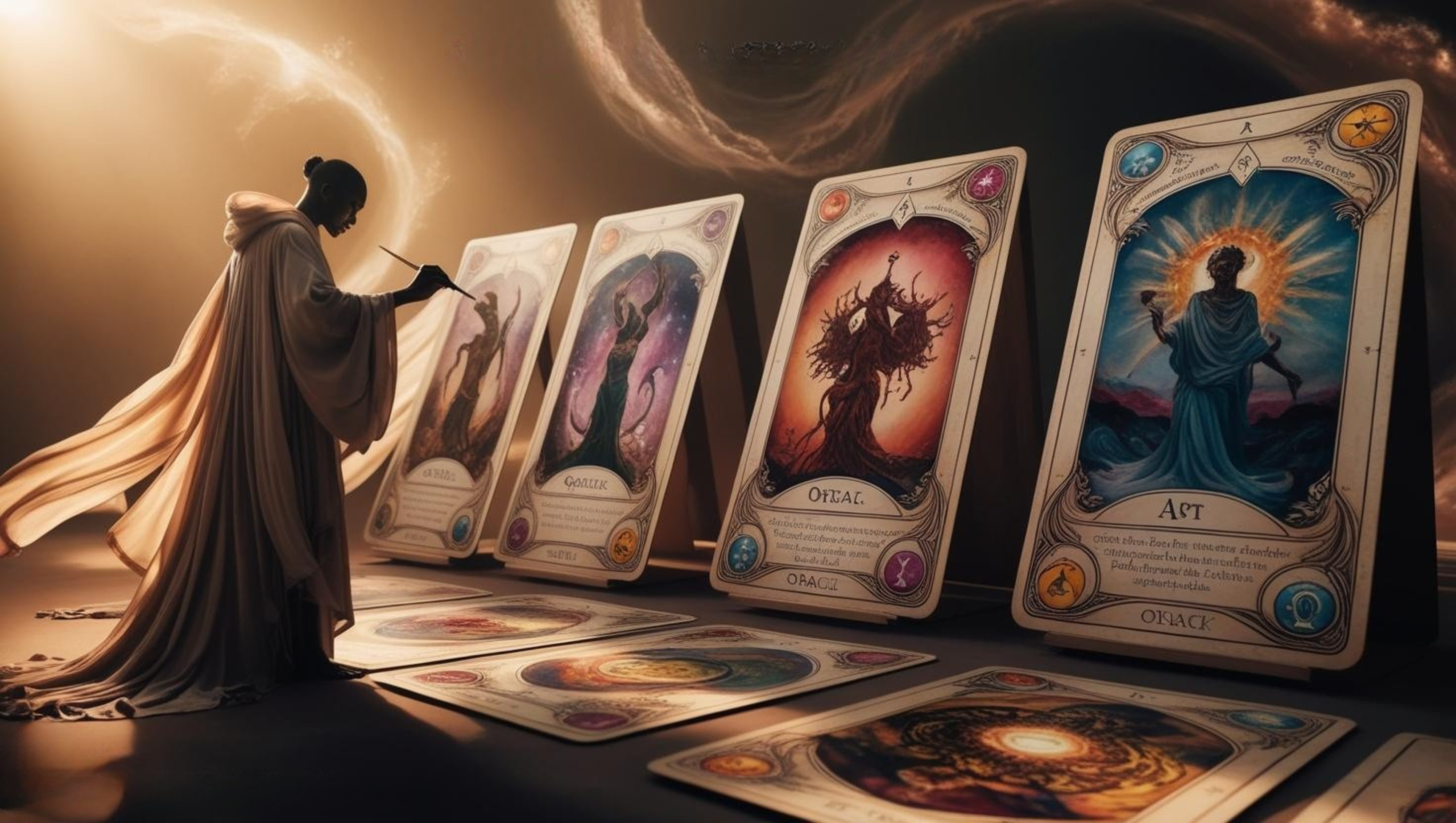 a woman painting larg Oracle cards