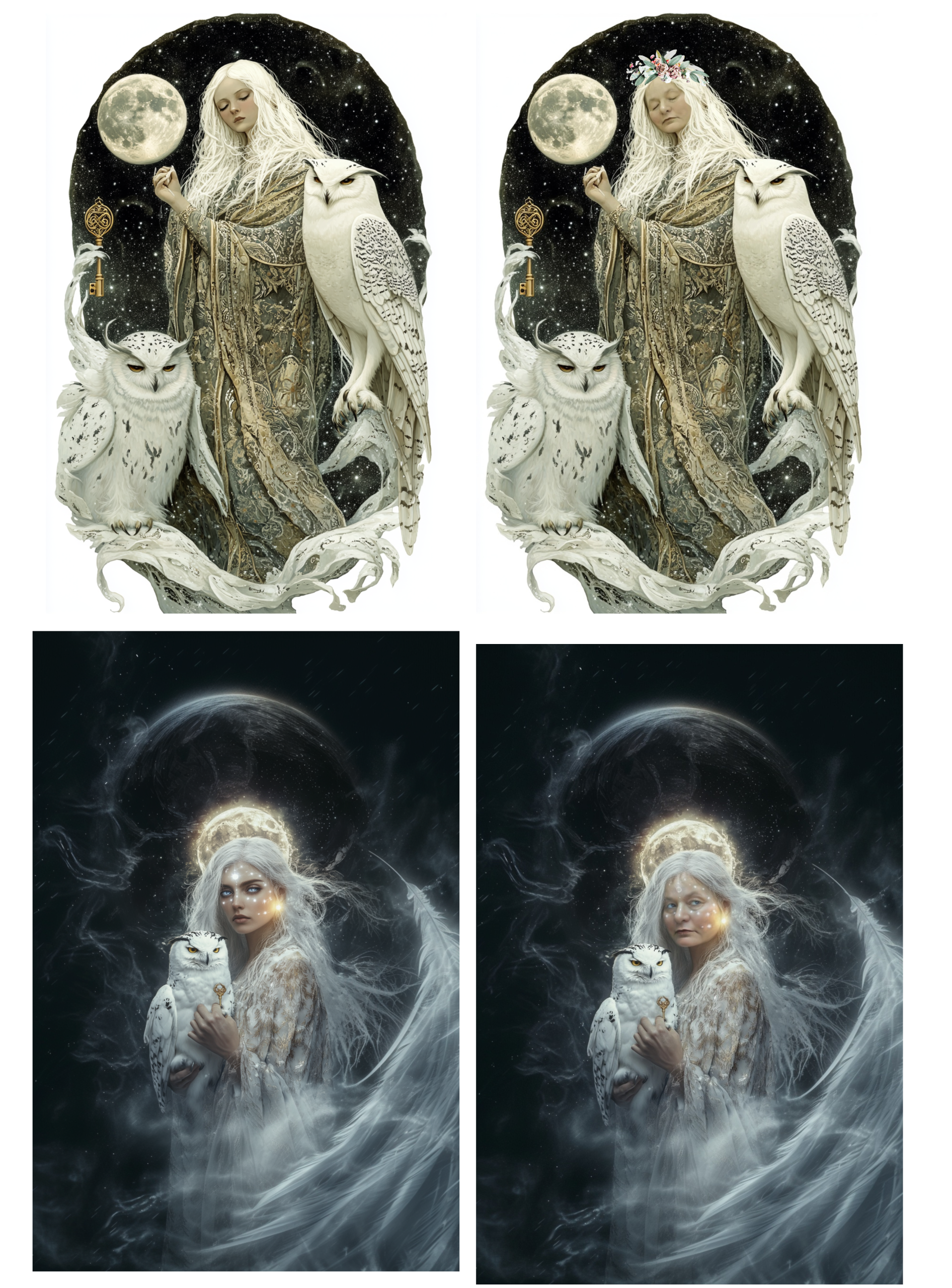A side-by-side digital transformation of a fantasy portrait, showing the original character on one side and a face-swapped version on the other. A visual example of custom face swap artwork services.