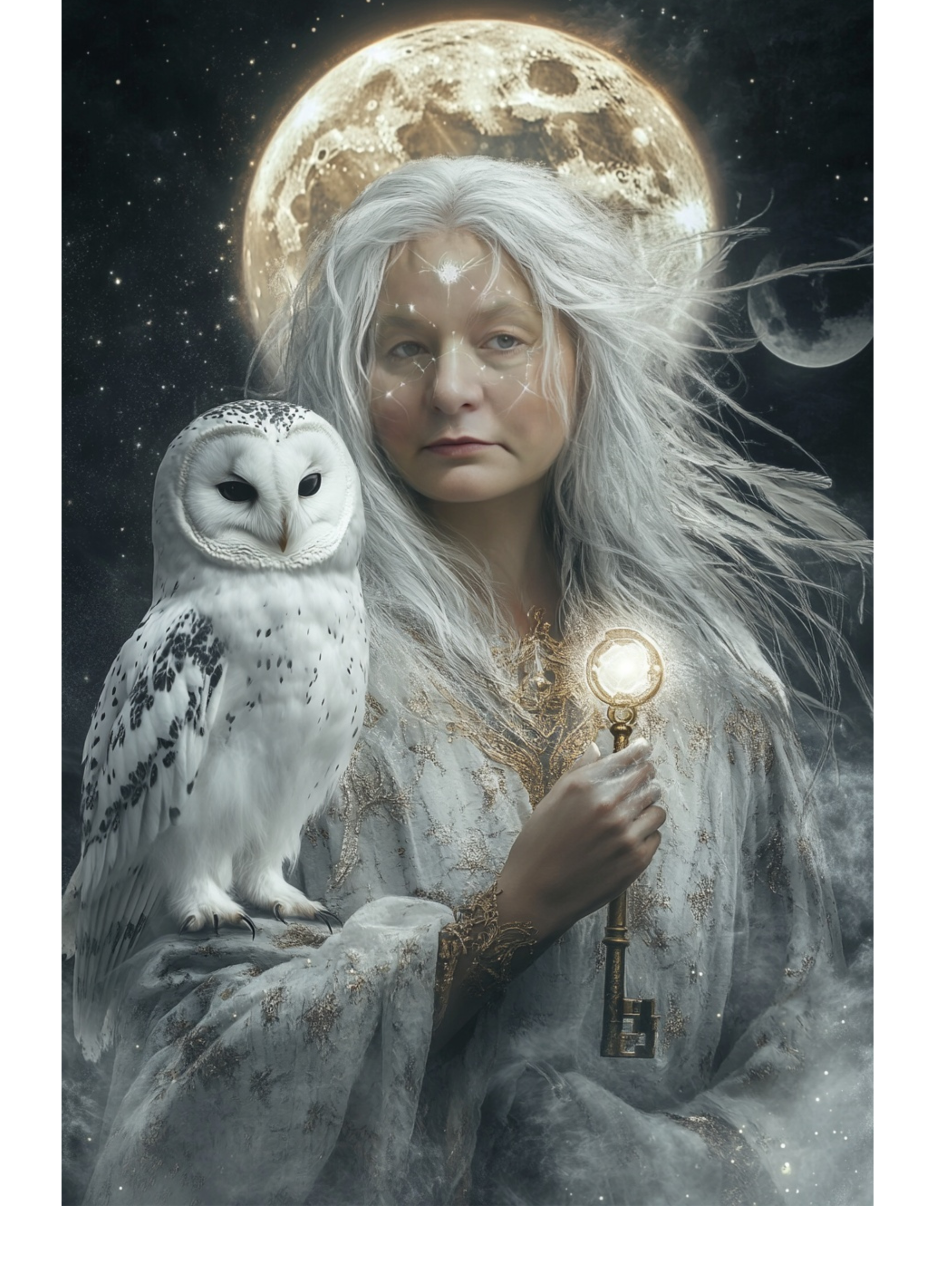 A celestial woman with flowing white hair and glowing facial markings stands beneath a luminous full moon, holding a golden key infused with light. A majestic white owl perches beside her, symbolizing wisdom and spiritual guidance. Her ethereal gown, adorned with gold embroidery, blends into a misty, cosmic background, evoking a sense of mysticism and divine connection.