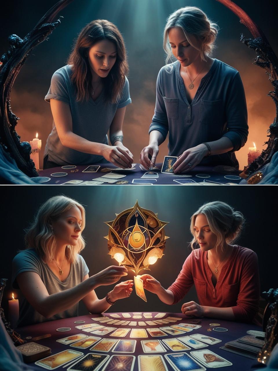 2 pictures one under the other of women creating Oracle cards