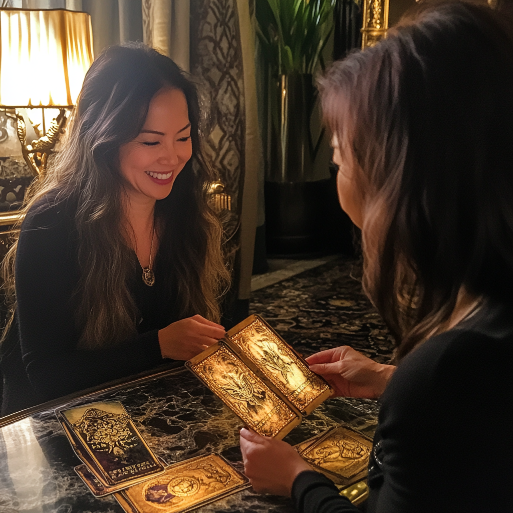 2 women sitting at a table looking at god Oracle cards