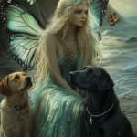 A mystical fairy woman with long blonde hair, wearing a green flowing dress and butterfly wings, sits by the ocean with two loyal dogsāone black and one goldenāadorned with jeweled collars. Butterflies flutter around her as the waves touch the shore.