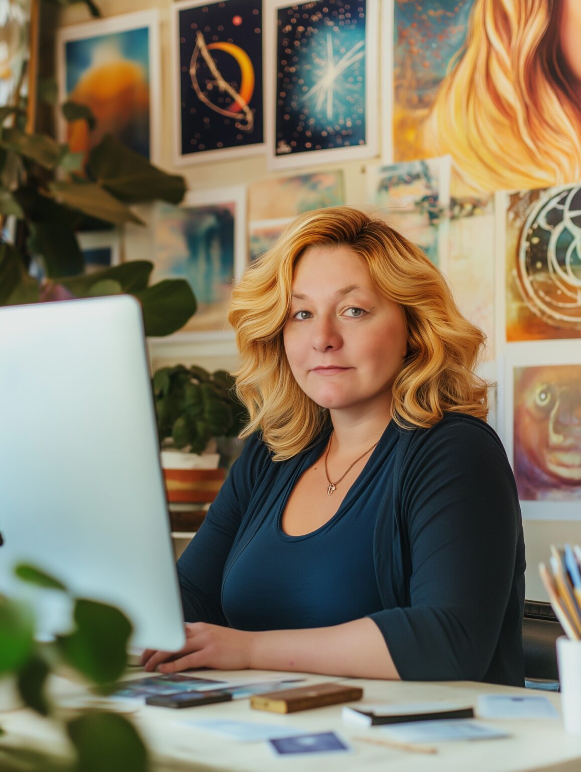 a woman sitting at a desk with a laptop in front of her