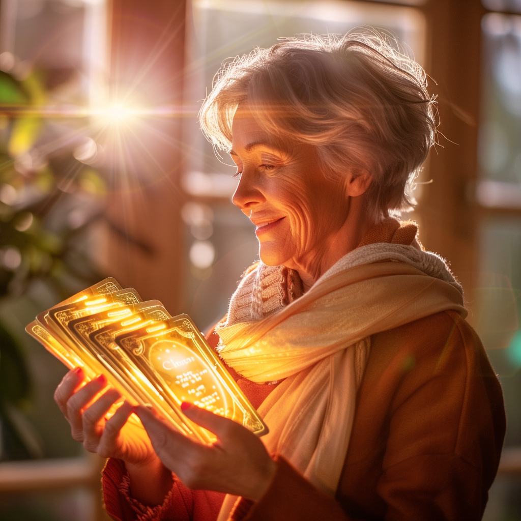grey hair woman holding glowing cards