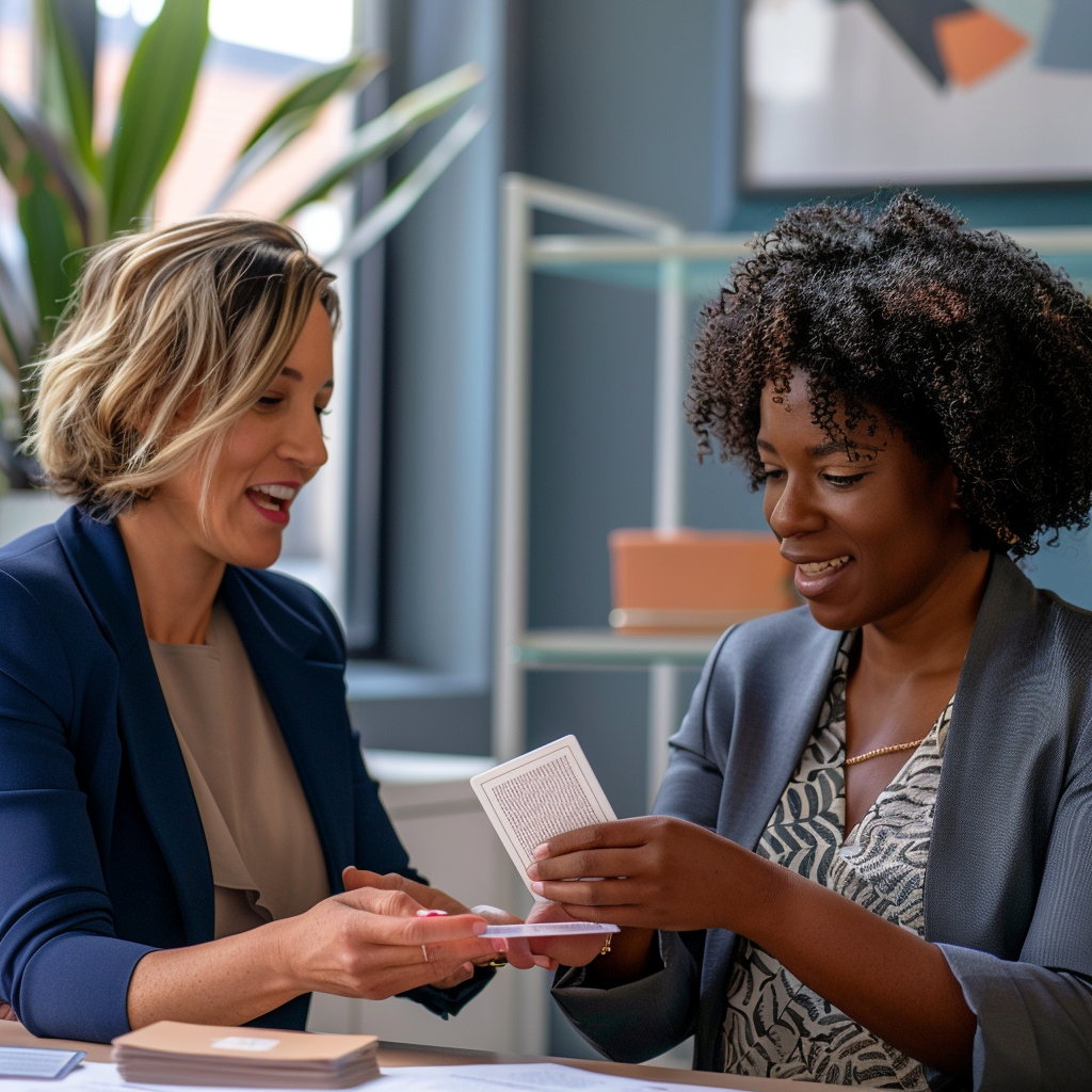 2 women talking. One is holding a card.