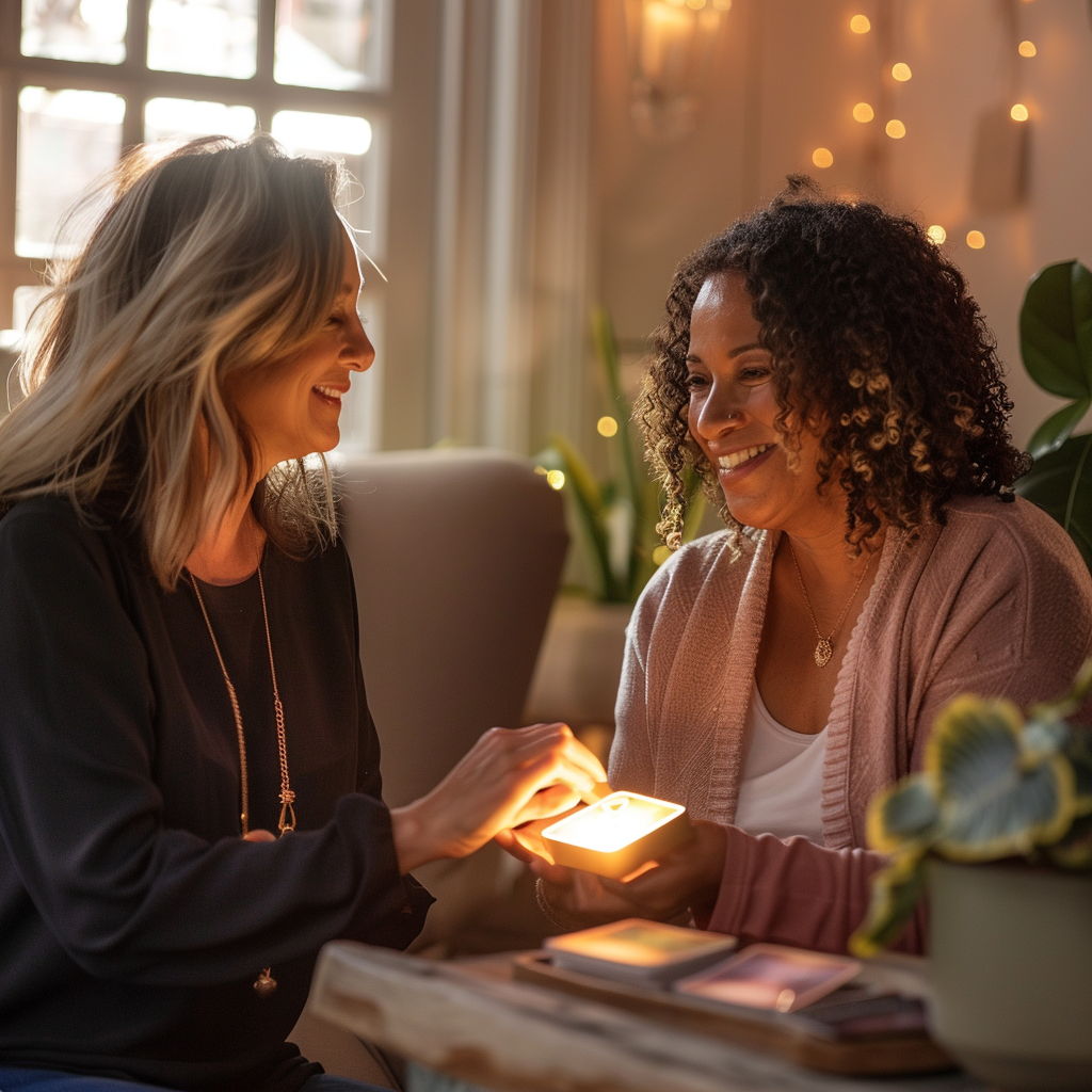 2 woman chatting. 1 is holding a card