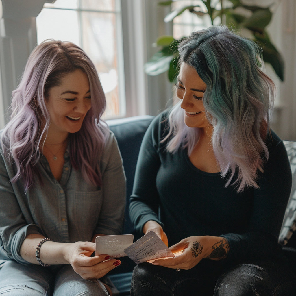 Two women looking at Oracle cards