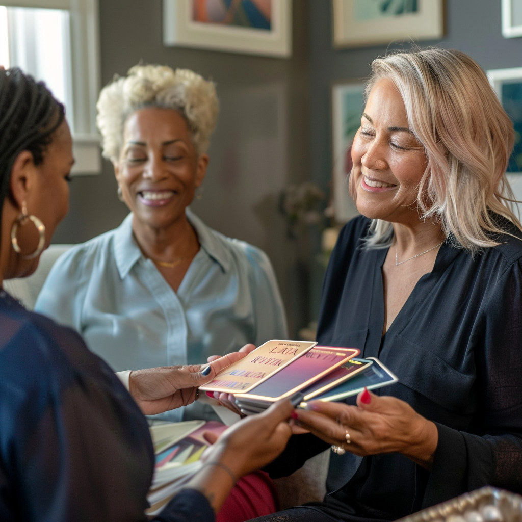 3 woman look at Oracle cards that one of them are holding