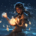 A mystical woman with long flowing hair holds glowing lanterns in a twilight ocean setting. She wears ethereal, flowing garments, and the scene radiates warmth, magic, and divine guidance.