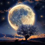 A tree on savannah with a large oversized full moon over the top of it