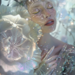 A celestial woman with radiant, glowing skin and shimmering silver-white hair, surrounded by sparkling flowers and stardust. Her peaceful expression and intricate details give an ethereal, dreamlike quality.