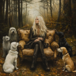 A blonde woman in a black dress sits on an elegant vintage couch in the middle of a misty autumn forest, surrounded by a group of dogs of various breeds. The scene evokes mystery, loyalty, and connection to nature.