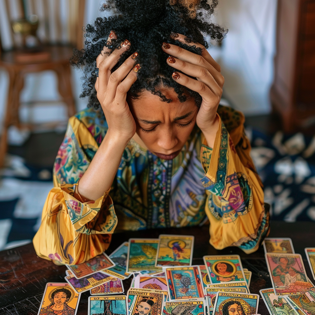 woman feeling overwhelmed in front of her tarot cards