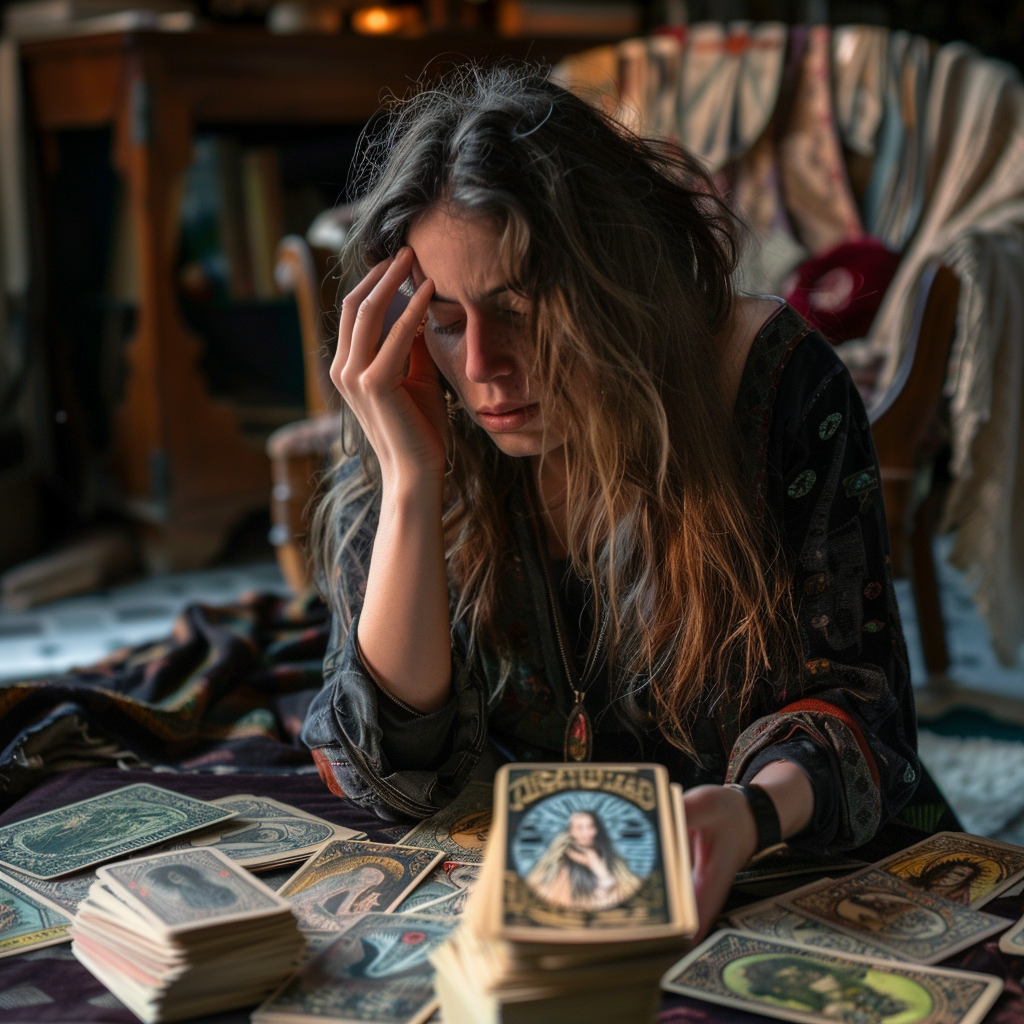 woman who appears to be distressed, holding tarot cards