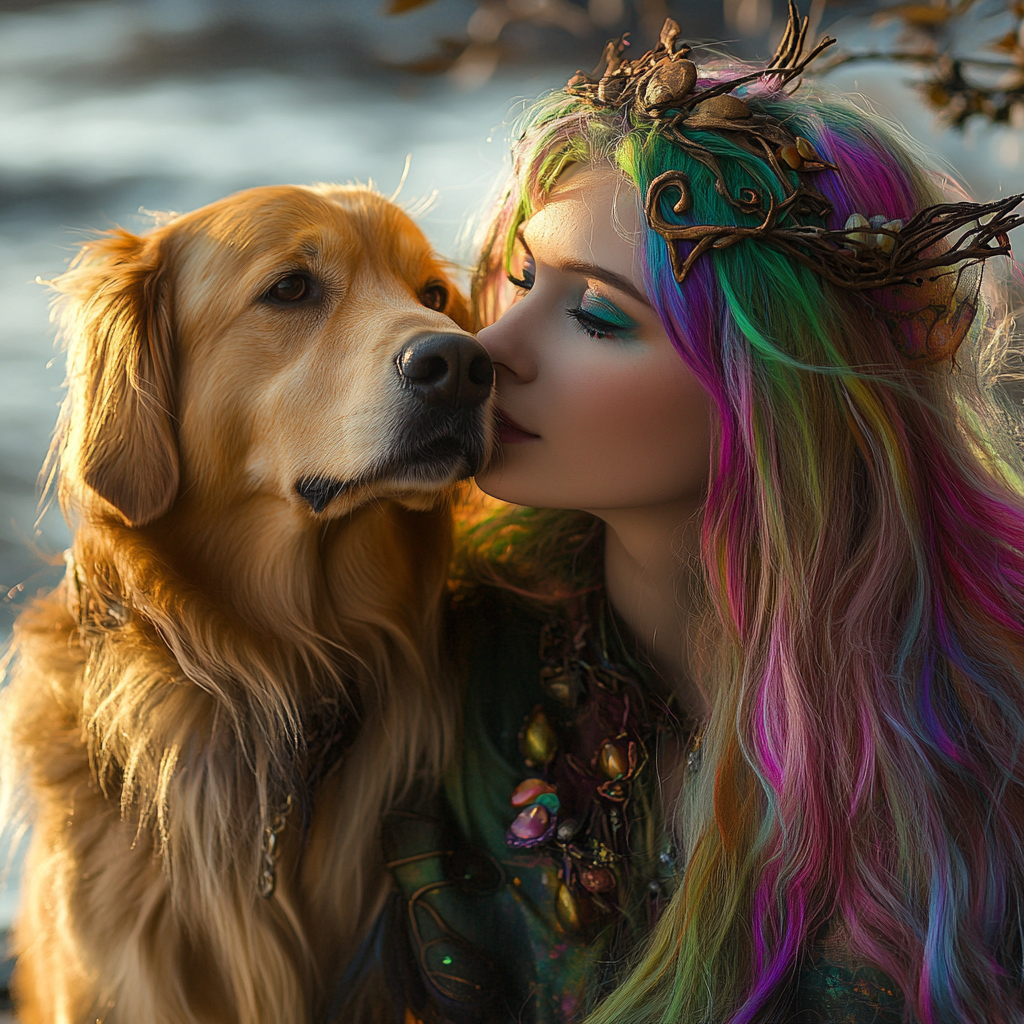 A fantasy-inspired woman with multicolored rainbow hair adorned with an intricate nature-themed crown leans in close to a golden retriever. She wears a dark, jewel-encrusted gown with an ethereal glow. The warm golden light of the setting sun reflects on their faces, highlighting the deep bond between them. The scene evokes themes of magic, connection, and harmony with nature