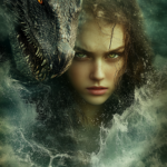 A women and a dragon faces side by side surrounded by waves