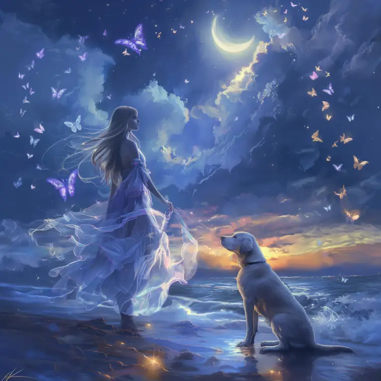 A serene woman stands barefoot on the shore at twilight, gazing at the gentle waves. She wears a flowing, ethereal dress that moves with the ocean breeze. Glowing butterflies flutter around her, casting a soft luminescence. A loyal Labrador sits attentively by her side, looking up at her. The sky is a deep blue, illuminated by a crescent moon and scattered stars, with the last golden light of sunset fading into the horizon. The atmosphere is dreamy and magical, evoking a sense of transformation, peace, and connection with nature