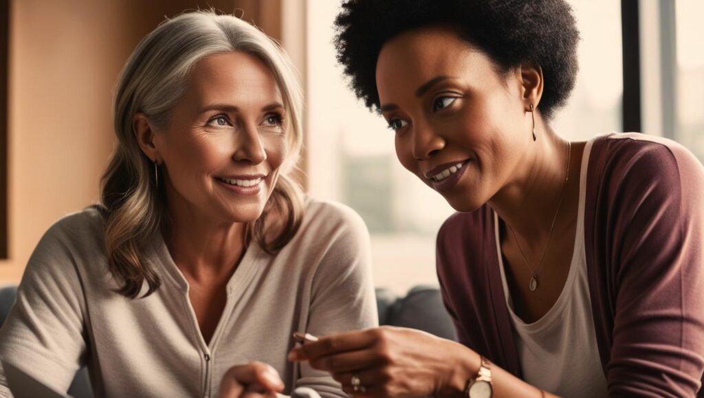 2 women sitting and talking side by side