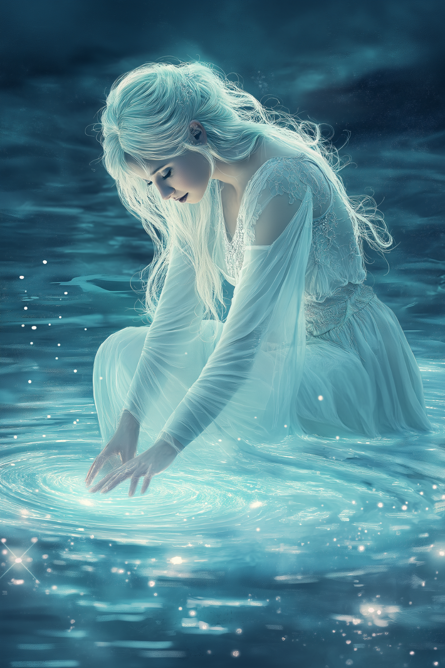 blonde woman kneeling in water swirling magic glow that is rippling out