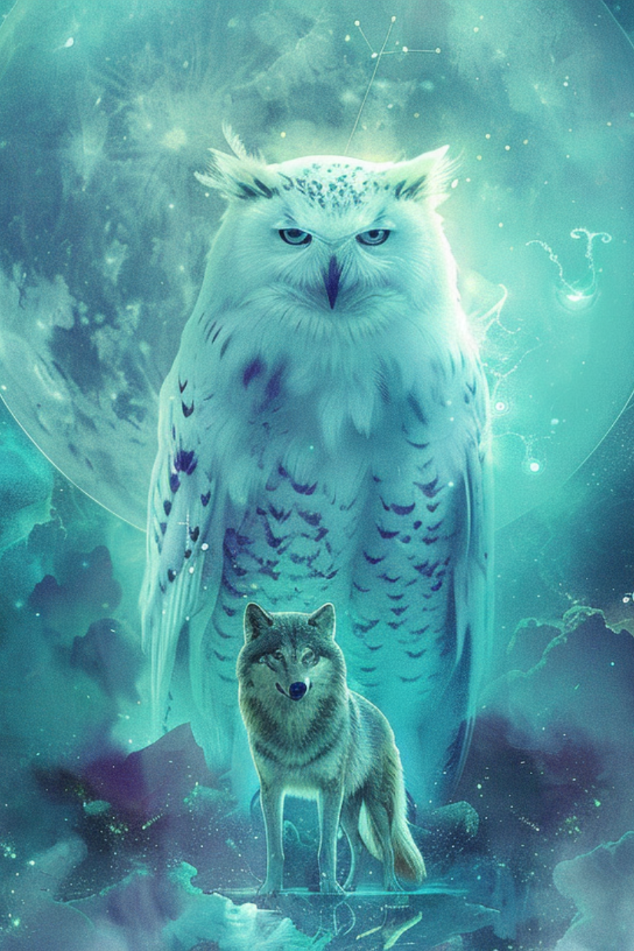 a gray wolf standing in front of a large Snowy Owl