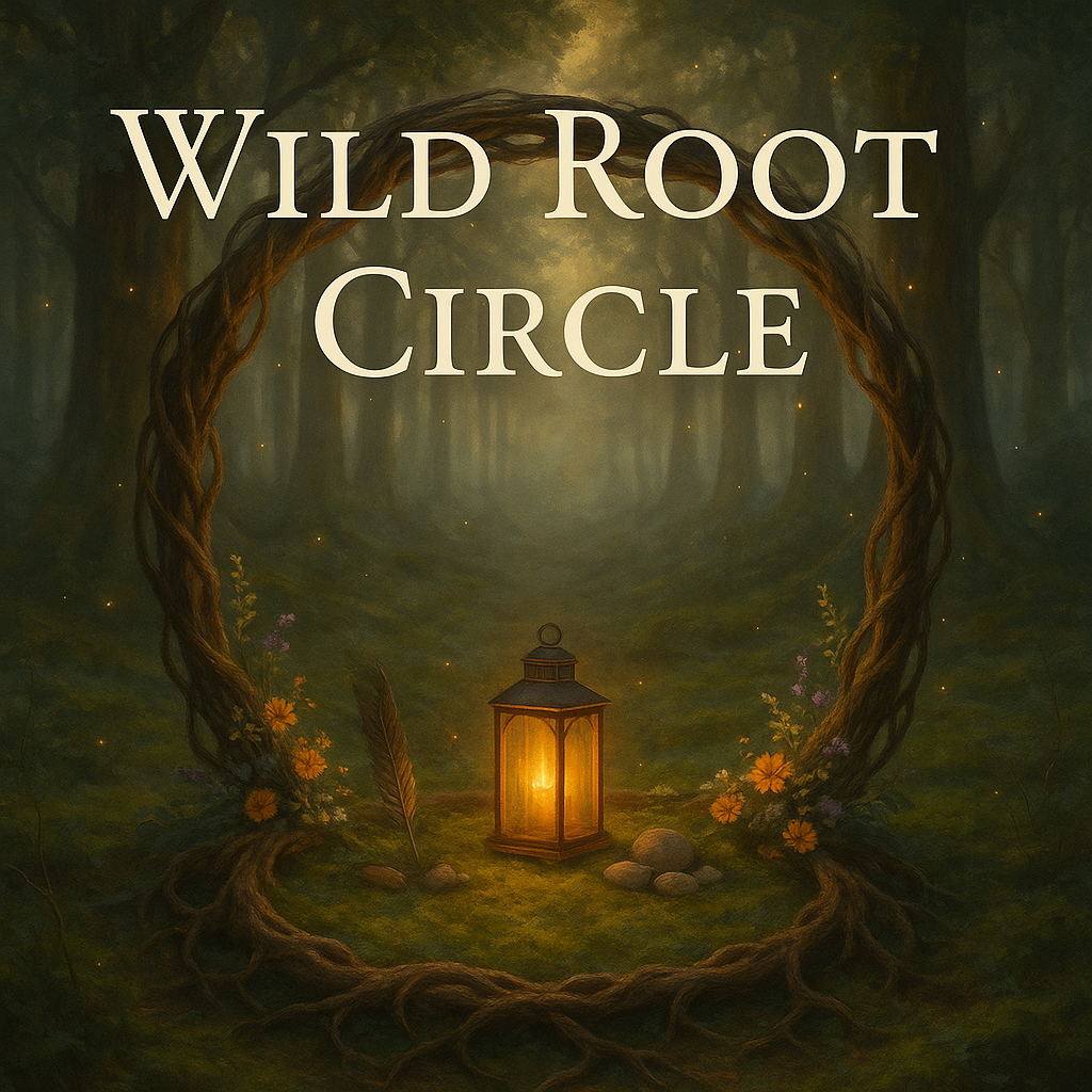 A mystical woodland scene at dawn, featuring a glowing lantern resting inside a natural circle formed by twisted tree roots. The circle is surrounded by moss, wildflowers, feathers, and smooth stones. Fireflies float gently through the misty forest, with tall trees fading into the background. The words “Wild Root Circle” are softly overlaid above the root arch in an elegant serif font.