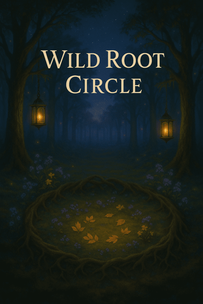 A twilight forest scene featuring a softly glowing clearing surrounded by tall, shadowed trees. Two lanterns hang from tree branches, casting golden light onto a circular arrangement of intertwined roots on the mossy forest floor. Inside the circle, autumn leaves are scattered naturally, surrounded by small wildflowers in purple and yellow. The night sky above is sprinkled with stars, and the words “Wild Root Circle” appear in an elegant serif font across the upper center of the image.