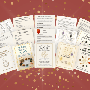 A flat-lay display of the Crystal Magic Toolkit showing printable pages from the crystal care guide, holiday rituals and spreads, crystal oracle cards, and three crystal grid layouts, arranged over a red background with gold confetti accents. The image includes covers for the Crystal Care and Cleansing Guide, Holiday Rituals and Spreads, Crystal Magic for the Holidays guidebook, Holiday Crystal Oracle Cards, and Holiday Crystal Grids, along with sample pages, quick-reference charts, and illustrated crystal cards.