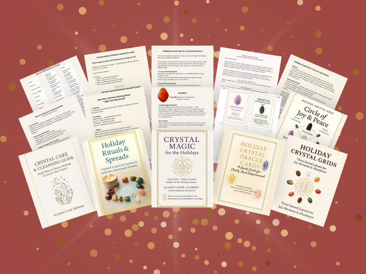 A flat-lay display of the Crystal Magic Toolkit showing printable pages from the crystal care guide, holiday rituals and spreads, crystal oracle cards, and three crystal grid layouts, arranged over a red background with gold confetti accents. The image includes covers for the Crystal Care and Cleansing Guide, Holiday Rituals and Spreads, Crystal Magic for the Holidays guidebook, Holiday Crystal Oracle Cards, and Holiday Crystal Grids, along with sample pages, quick-reference charts, and illustrated crystal cards.